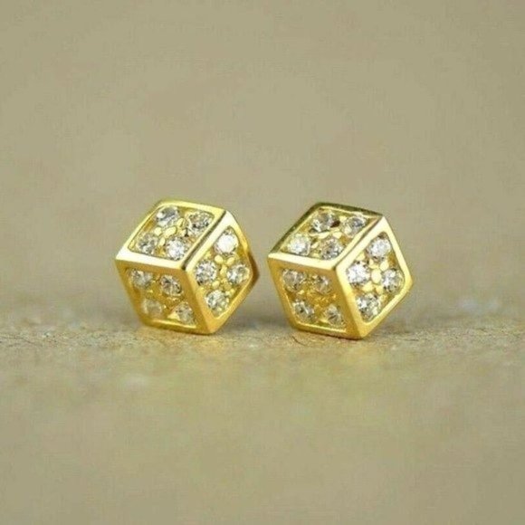 Solid 14K Gold Fancy Post Dice Stud Push Back Earrings X - Large 9.4 x 10.12 mm - Picture 2 of 11